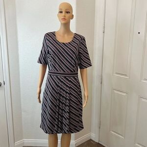 Downeast Medium Dress Striped Scoop Neck Short Sleeve Pleated Faux Wrap Skirt